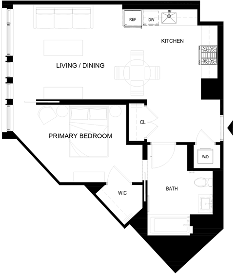 Floor plan for 1 bed, 1 bath, 634 sqft